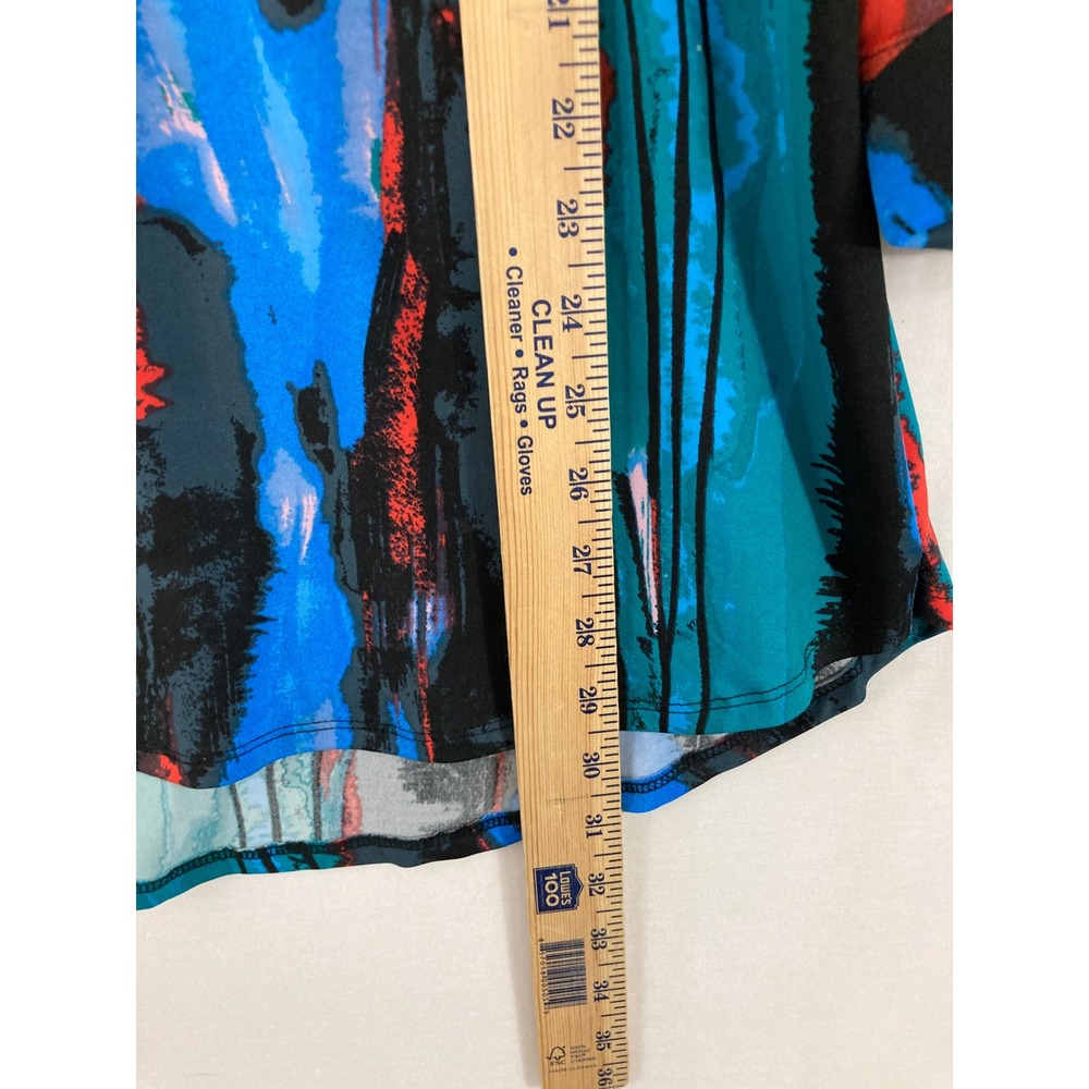 Cocomo‎ Blouse XL Blue Red Abstract Roll Tab Sleeve Stretch Popover Preppy - Picture 5 of 8
